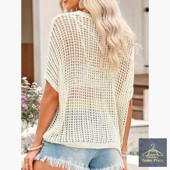 Short Sleeve Crochet Sweater Beach Cover Up Off Shoulder Loose Knit Top - Picture 4 of 7